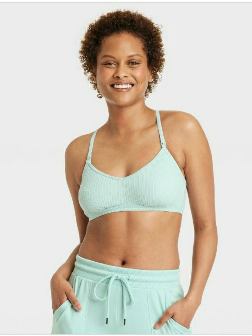 Green Auden Nursing Bralette Featuring A Ribbed Texture And A Racerback Design.